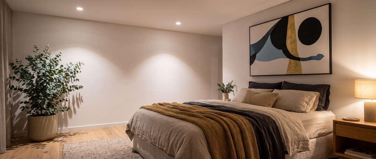 Styled bedroom with wall art and layered bedding