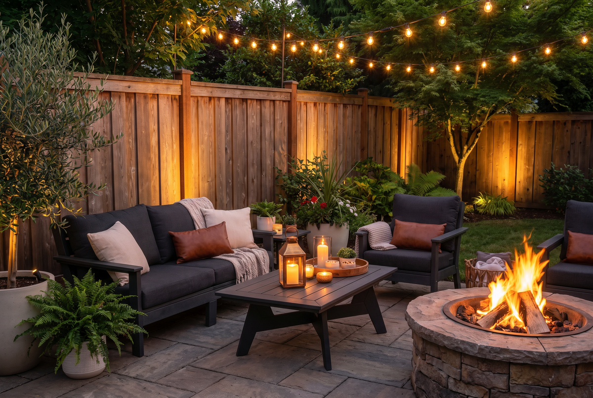 Backyard patio with string lights