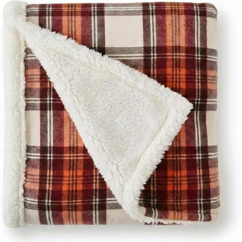 Reversible Sherpa Throw Blanket, 50 x 60-Inch, Red Plaid