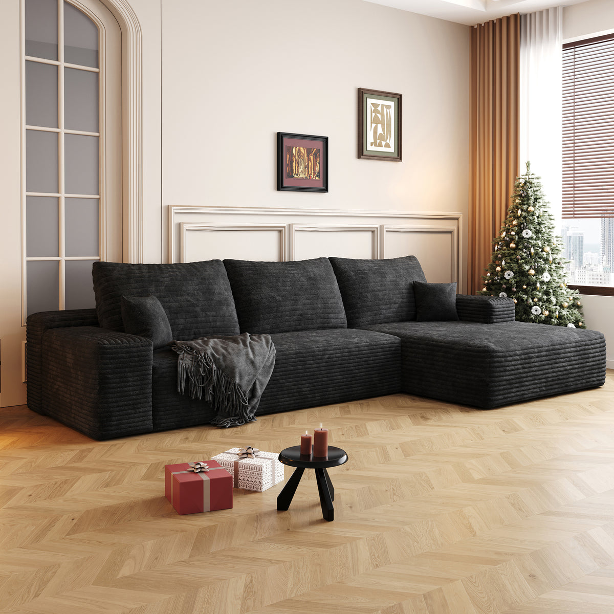 107-Inch Corduroy Cloud Sectional with Chaise, Black