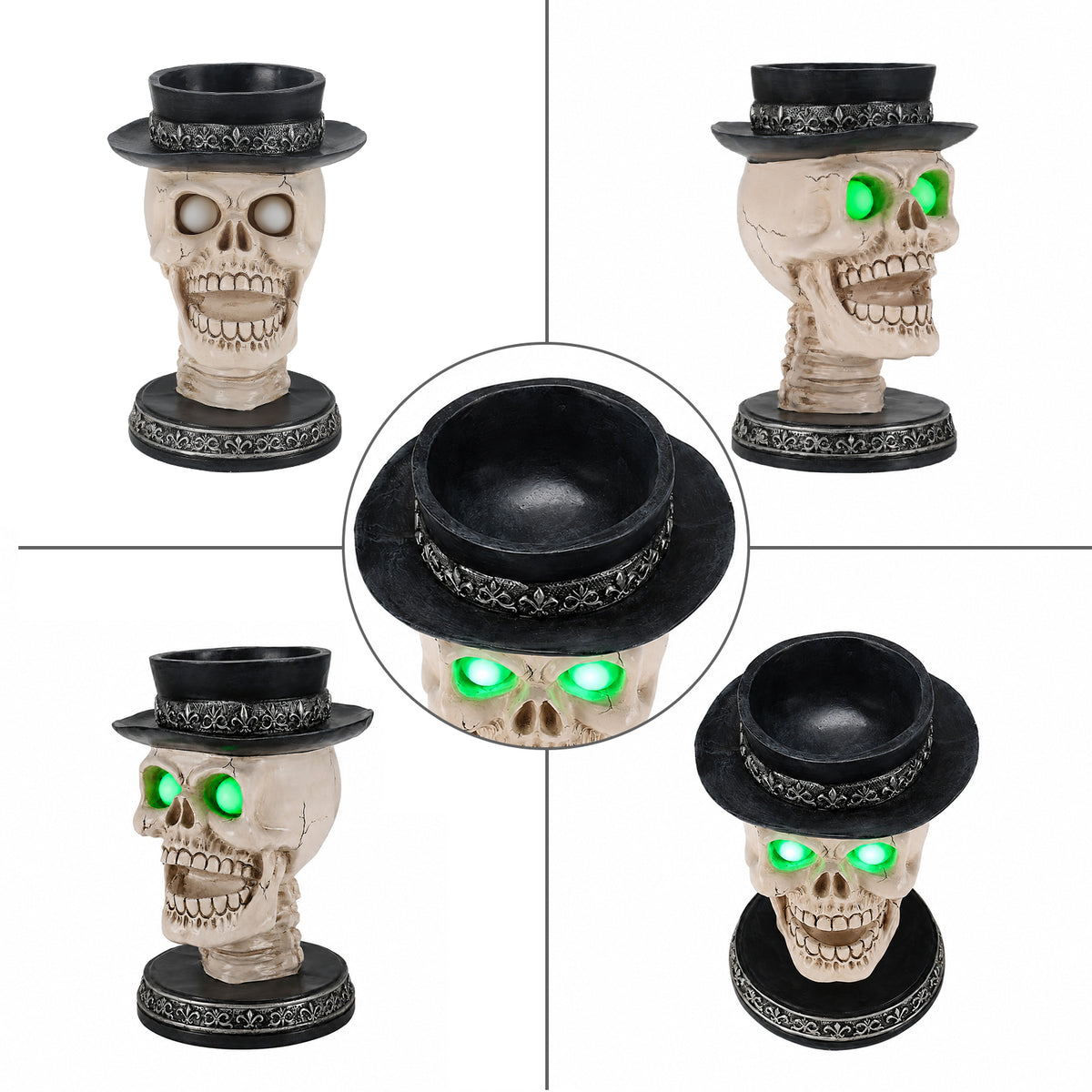 Open-Mouth Skull Candle Holder with Glowing Eyes and Top Hat