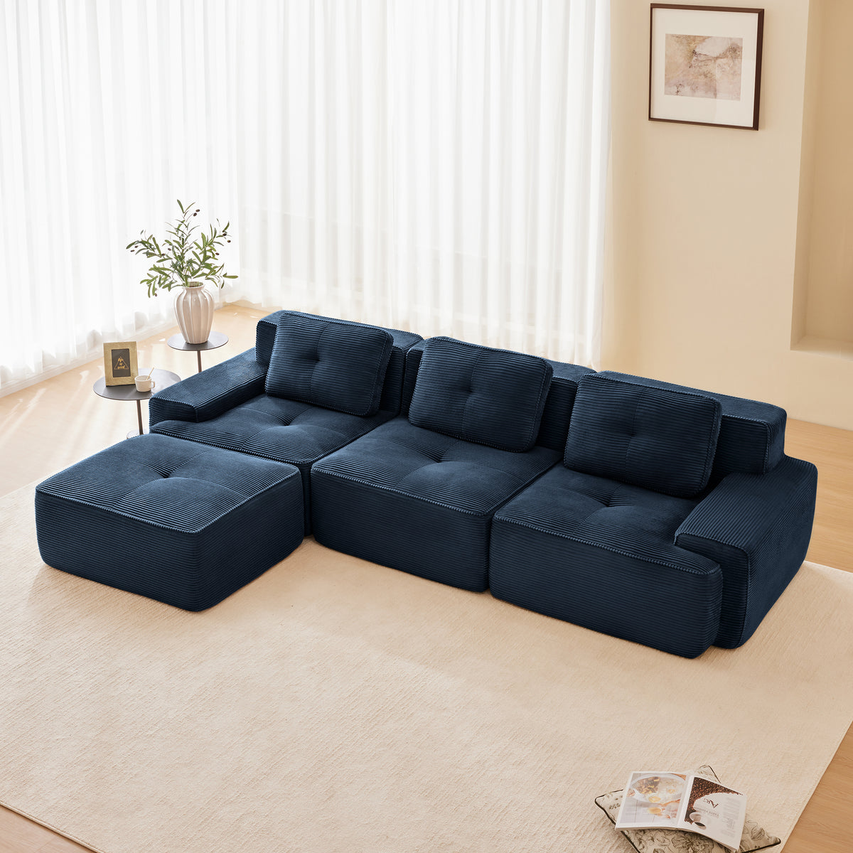 117-Inch L-Shaped Corduroy Sectional with Ottoman, Blue