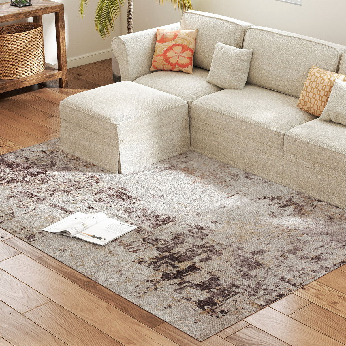 Chenille Abstract Area Rug, 5 x 7 ft, Mixed Brown