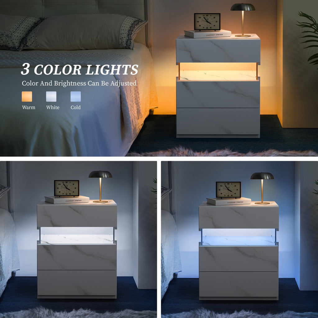 LED Nightstand with 3 Drawers and Acrylic Panel, Stone White