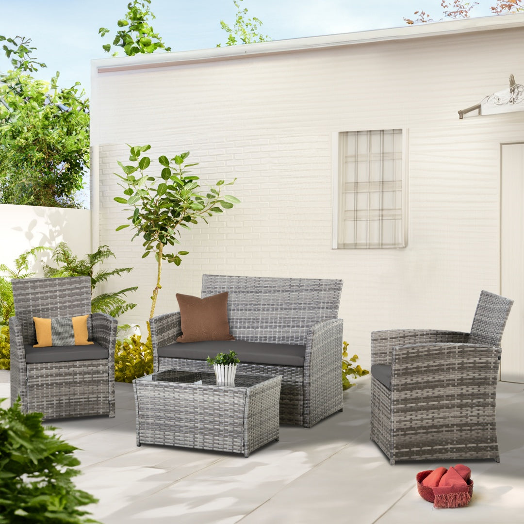 4-Piece Rattan Patio Conversation Set with Glass Table, Grey