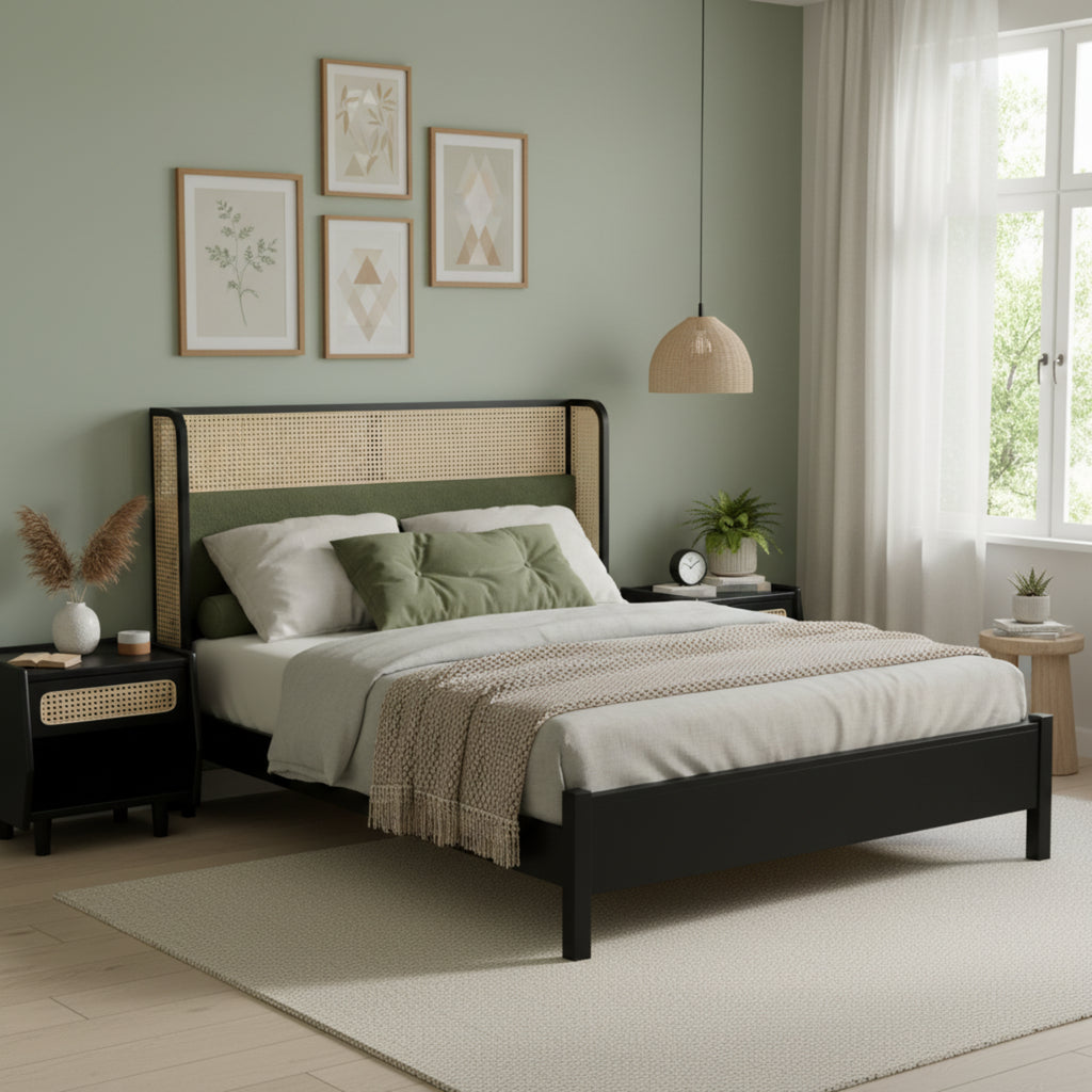 Solid Wood Queen Bed Frame with Green Headboard