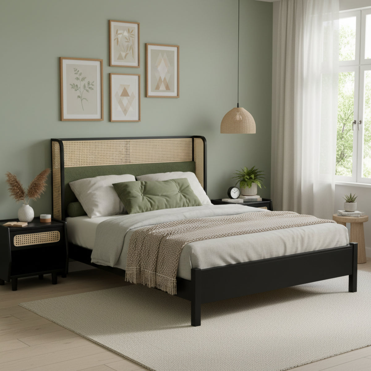 Solid Wood Queen Bed Frame with Green Headboard