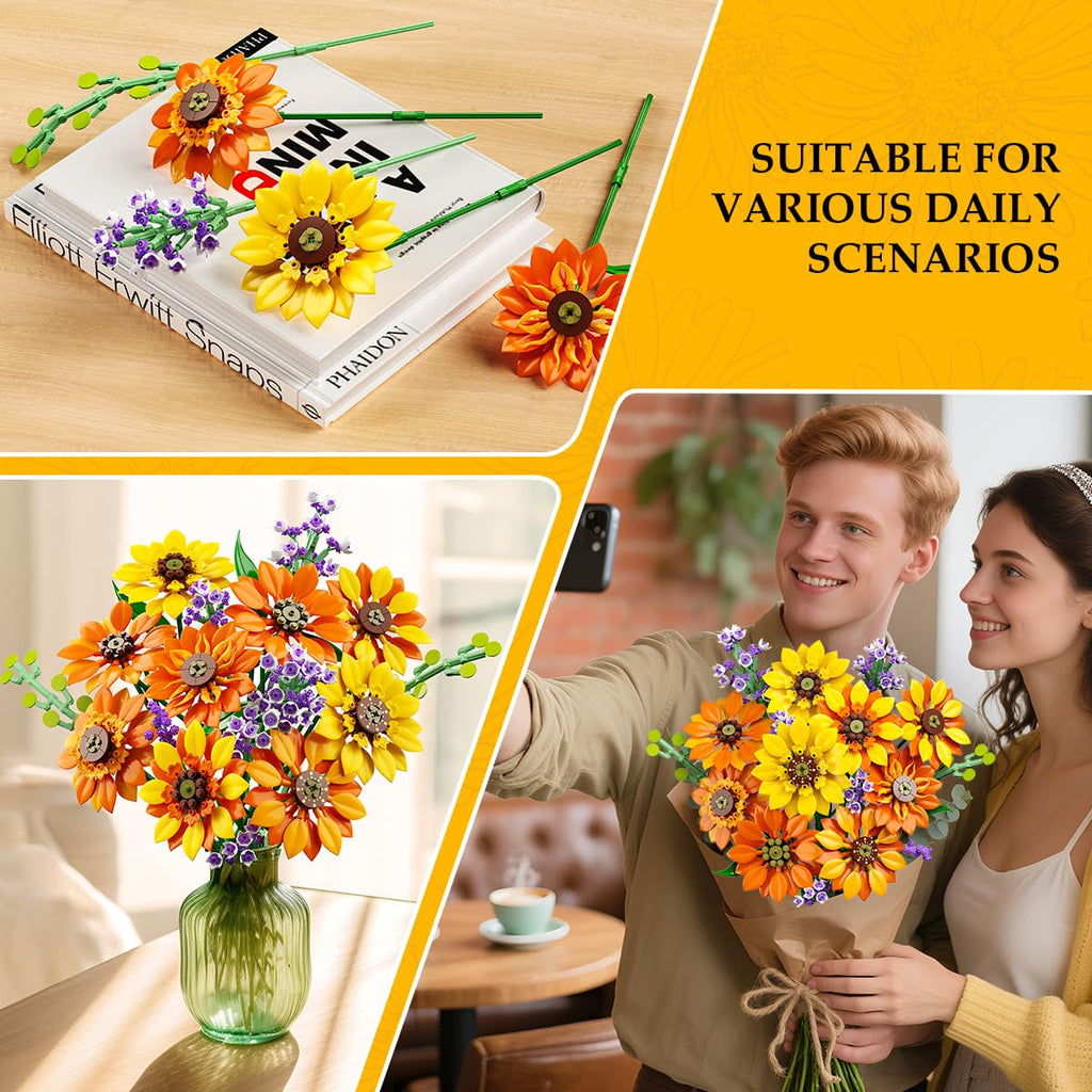 Sunflower Bouquet Building Set with Lights, 1011 Pieces