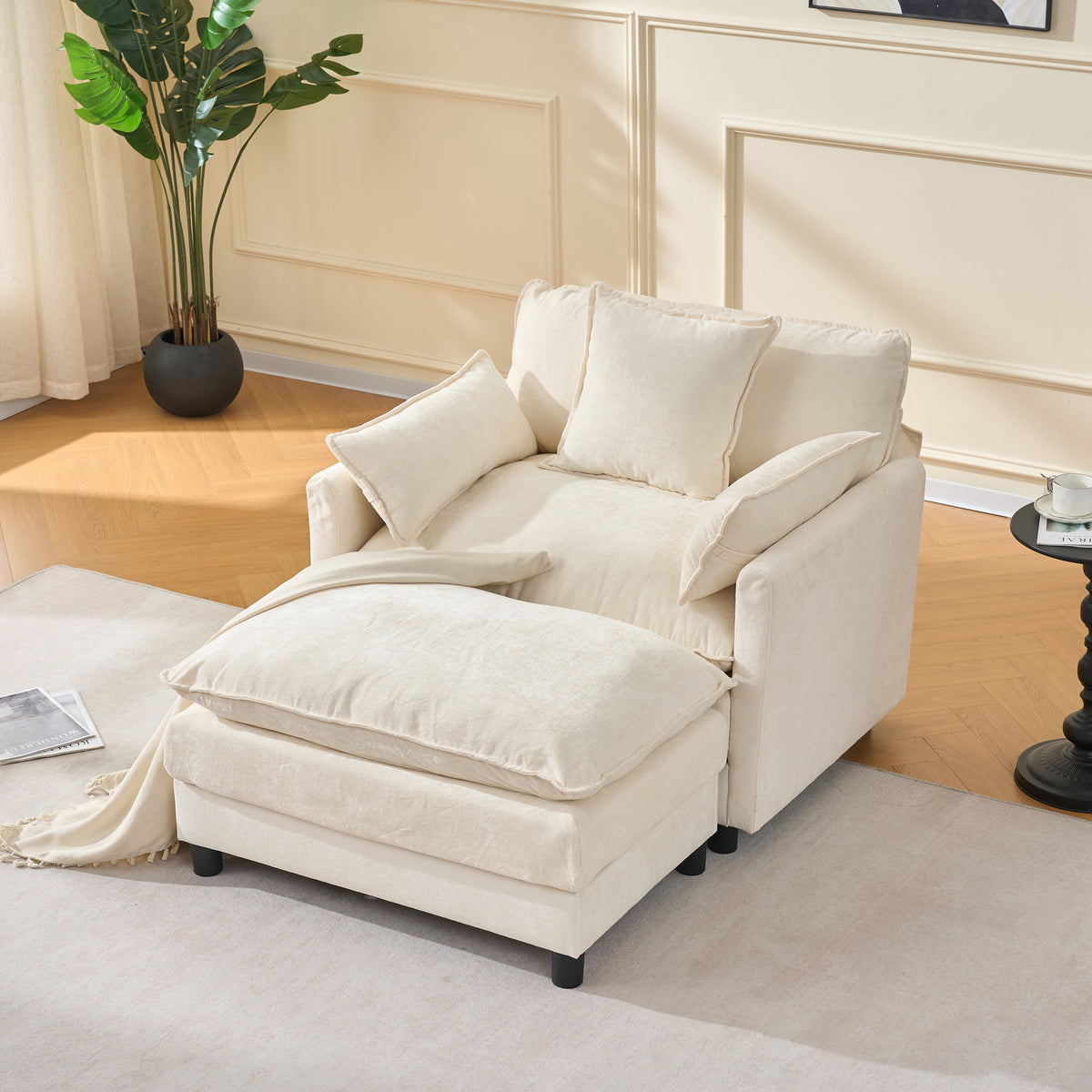 Chenille Club Chair with Ottoman, Beige