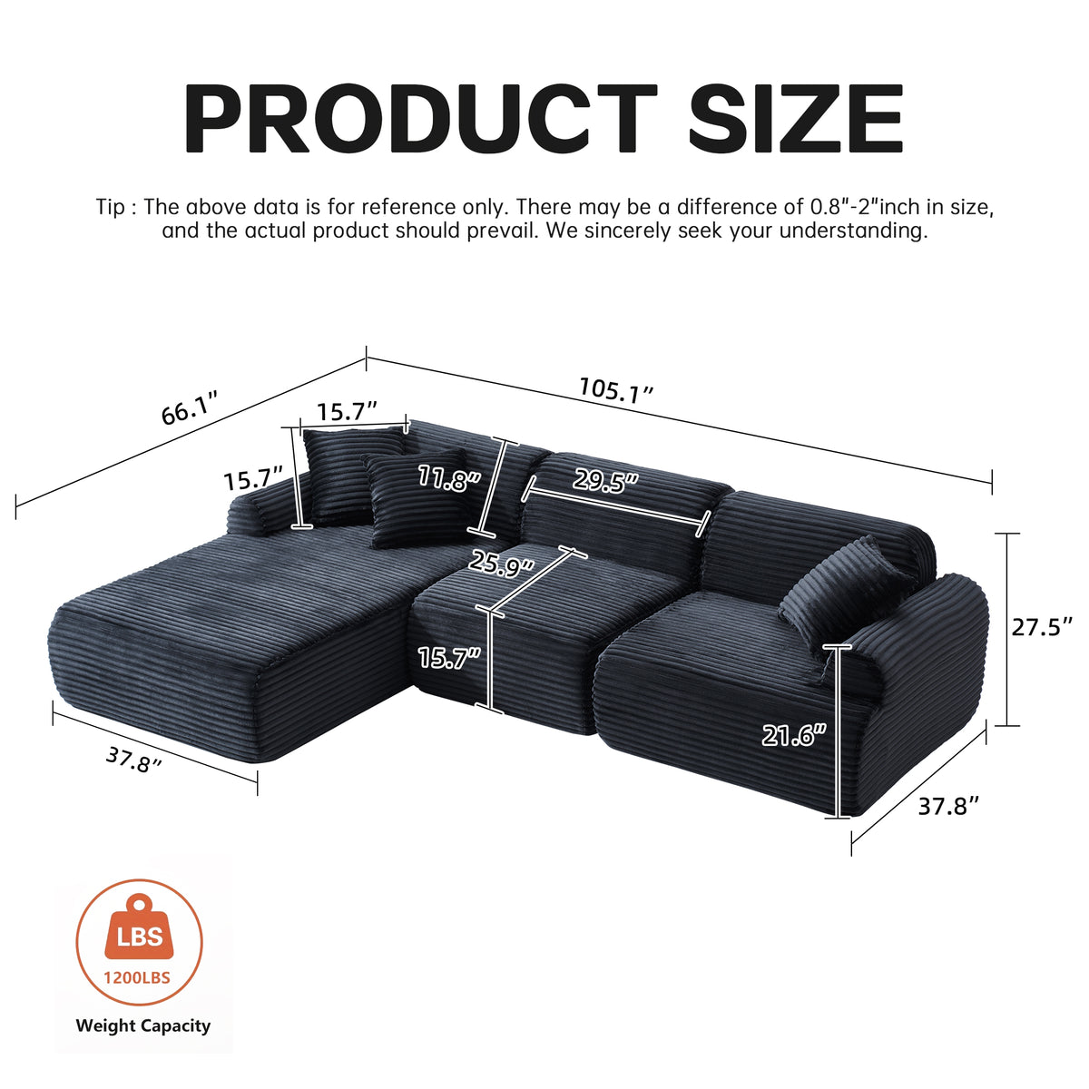 105-Inch Compressed Modular Sectional with Washable Cover, Black