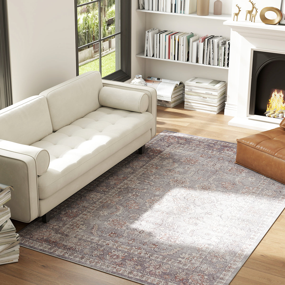 Washable Floral Area Rug, 5 x 7 ft, Grey and Brown
