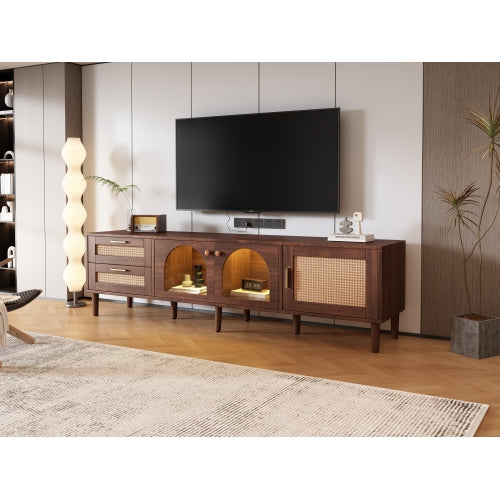 Rattan LED TV Stand for TVs up to 80 in, Dark Brown