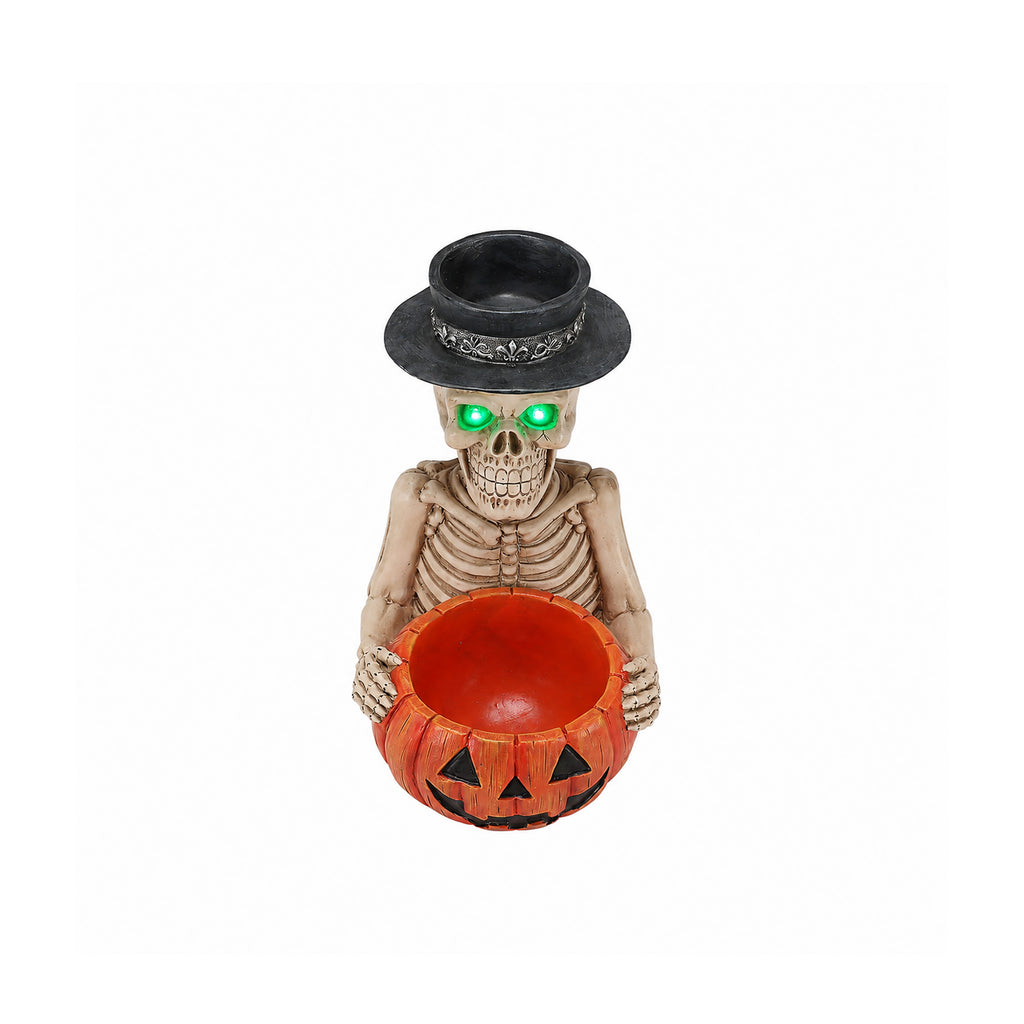 Halloween Skeleton Figurine with Pumpkin Candy Bowl and Candle Holder