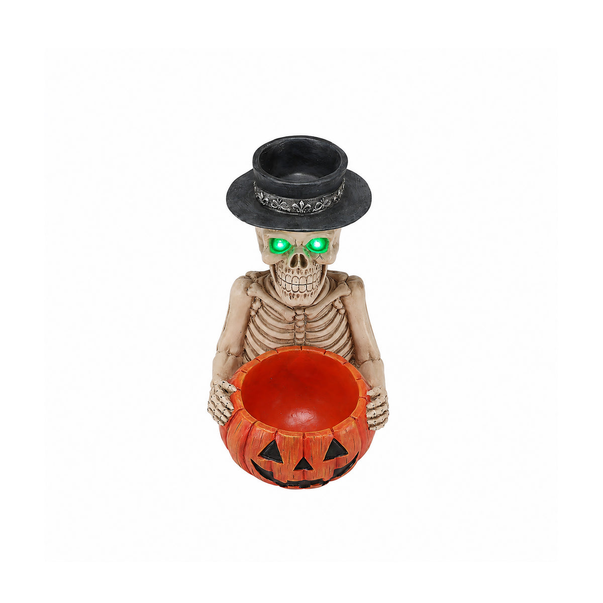 Halloween Skeleton Figurine with Pumpkin Candy Bowl and Candle Holder