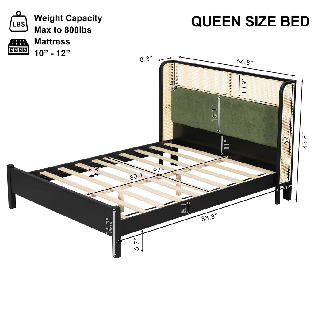 Solid Wood Queen Bed Frame with Green Headboard
