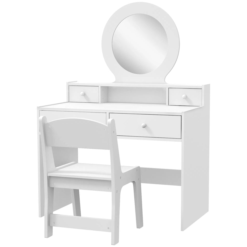 Kids' Vanity Set with Mirror, Stool and Drawers, White