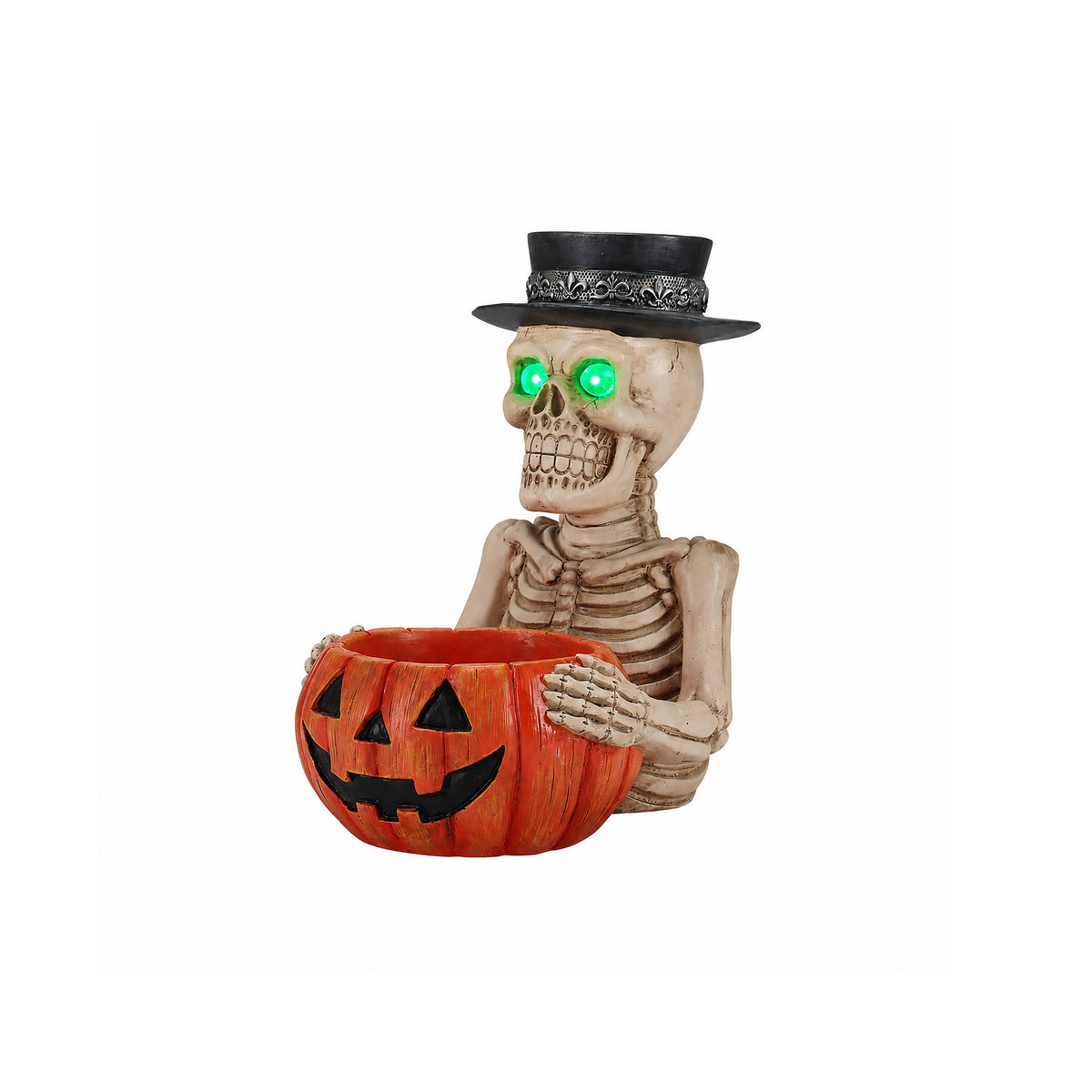 Halloween Skeleton Figurine with Pumpkin Candy Bowl and Candle Holder