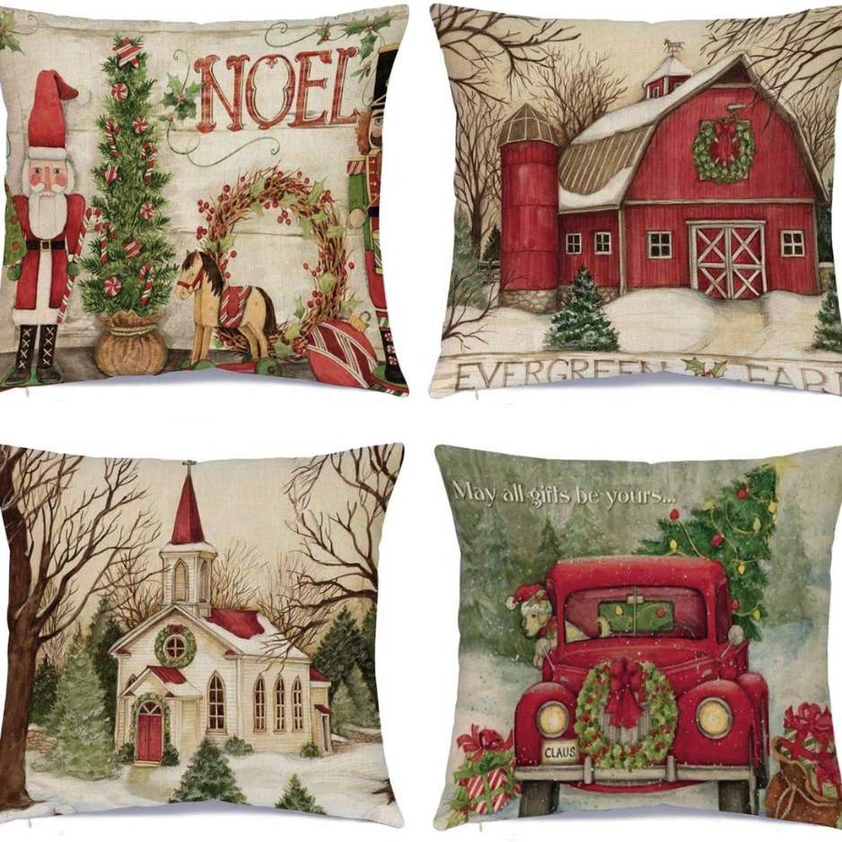 Christmas Linen Pillow Covers, 18 x 18-Inch, Set of 4