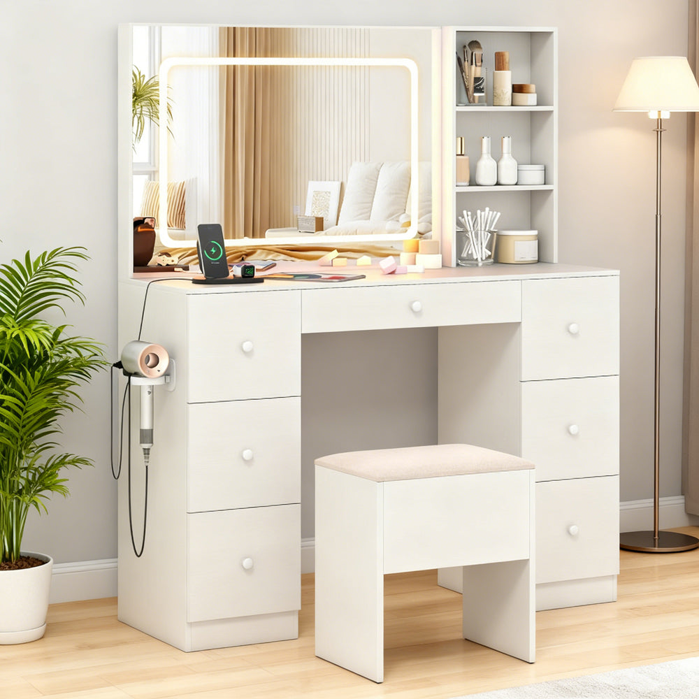 Lighted Mirror Vanity Desk and Stool Set, White