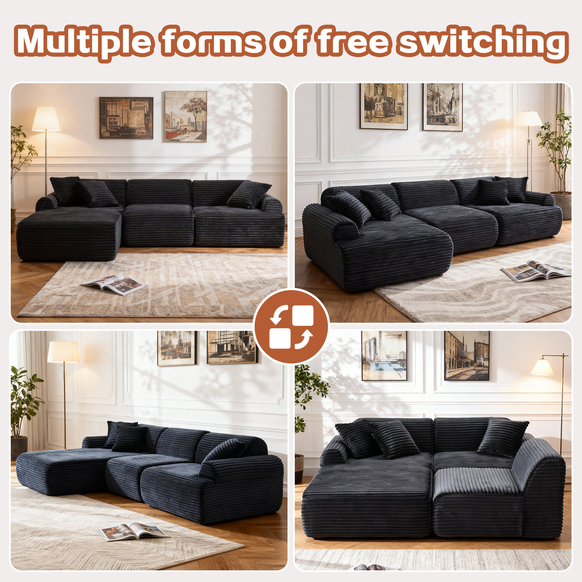 105-Inch Compressed Modular Sectional with Washable Cover, Black
