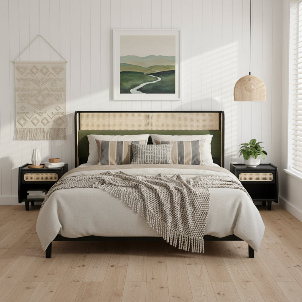 Solid Wood Queen Bed Frame with Green Headboard