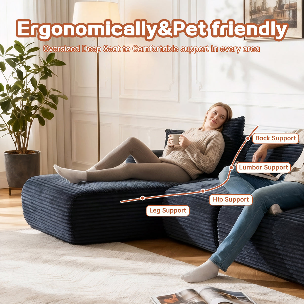 105-Inch Compressed Modular Sectional with Washable Cover, Black