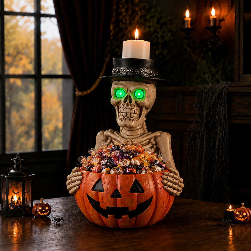 Halloween Skeleton Figurine with Pumpkin Candy Bowl and Candle Holder