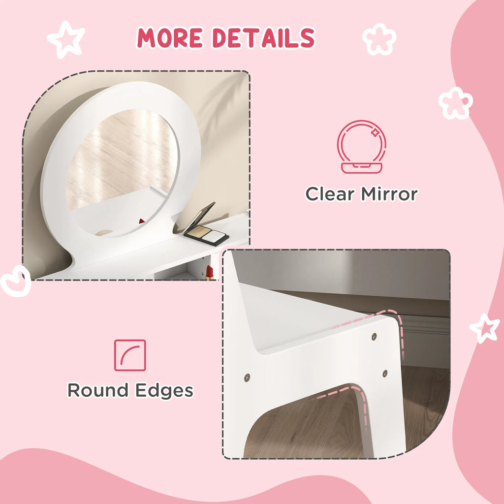 Kids' Vanity Set with Mirror, Stool and Drawers, White