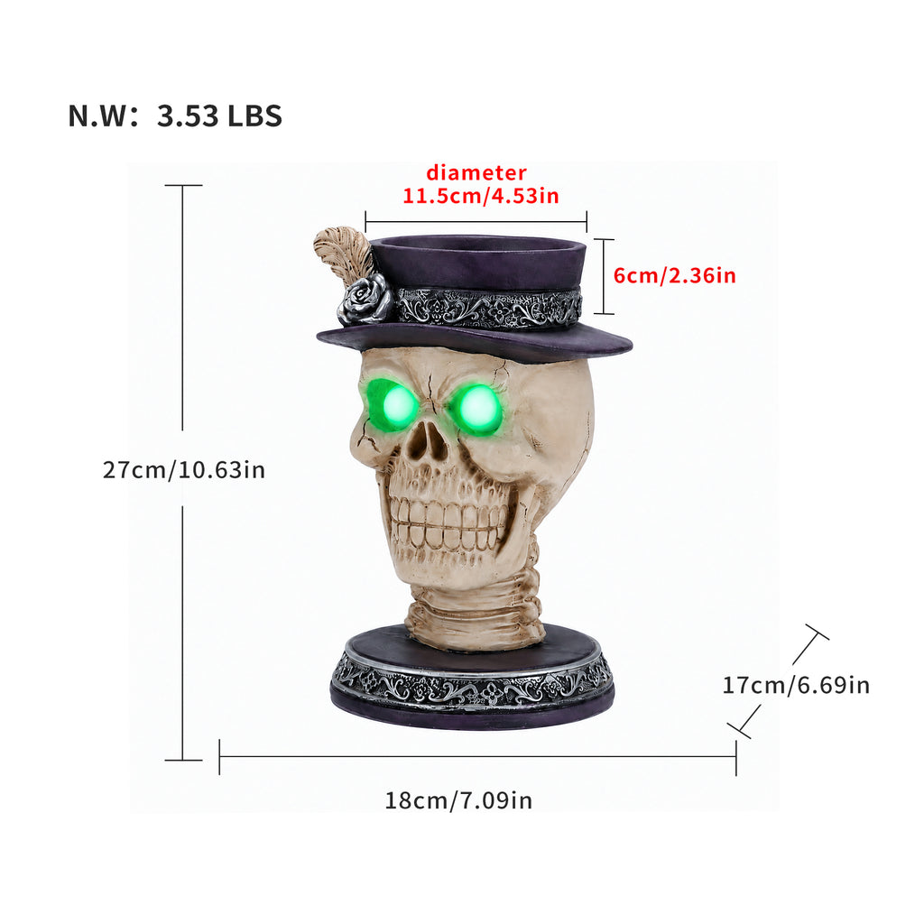 Skull Candle Holder with Glowing Eyes and Feather Top Hat