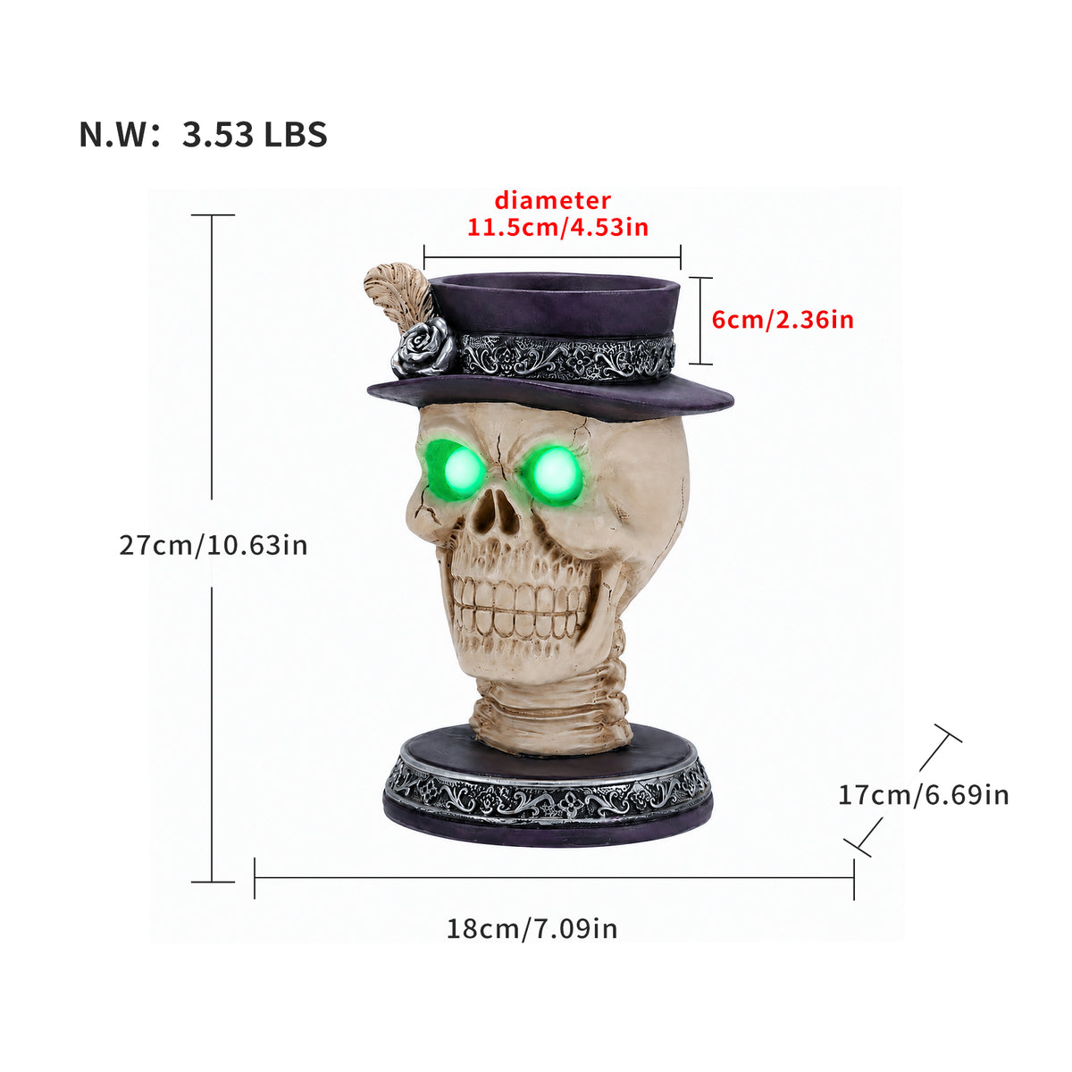 Skull Candle Holder with Glowing Eyes and Feather Top Hat
