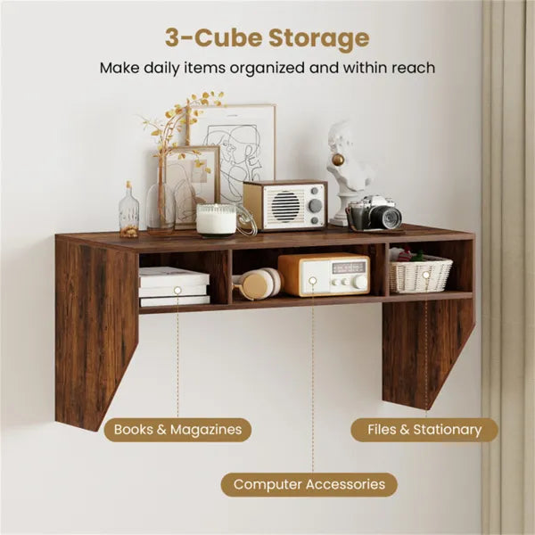 Floating Wall Desk with Cube Storage, Rustic Brown