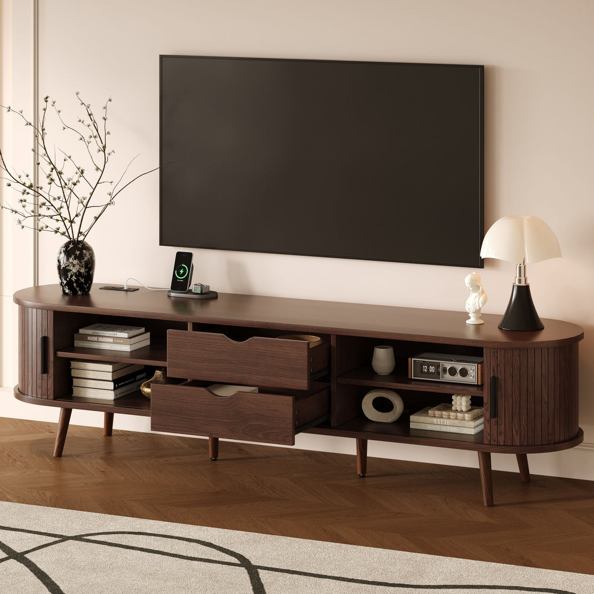 Mid-Century TV Stand with Tambour Doors, 70 in