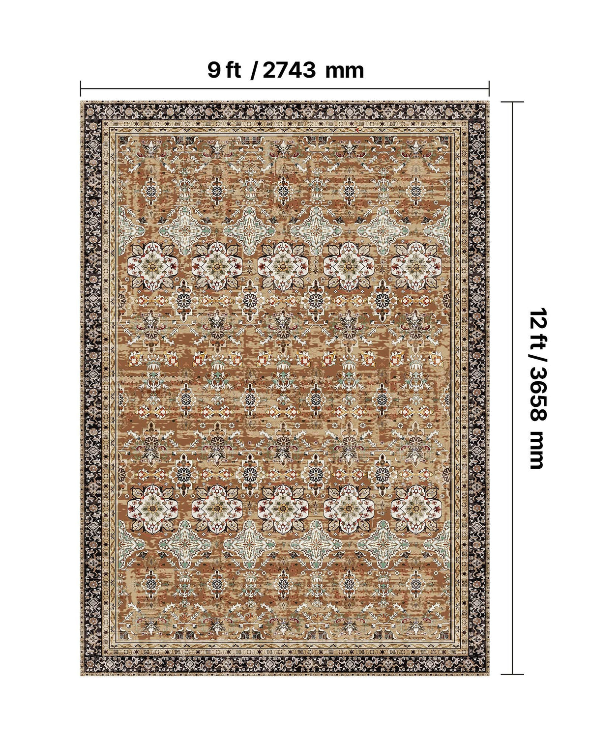 Washable Vintage Area Rug, 9 x 12 ft, Brown Green