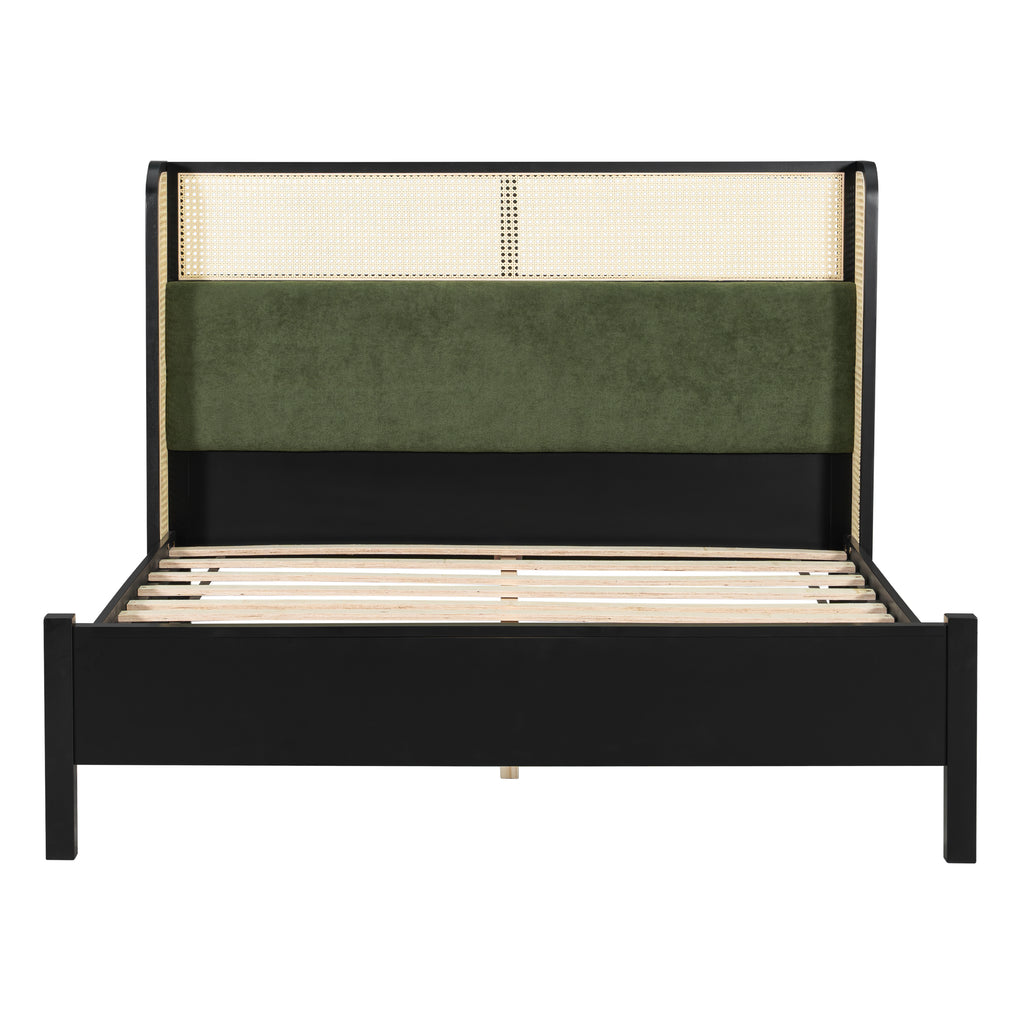 Solid Wood Queen Bed Frame with Green Headboard