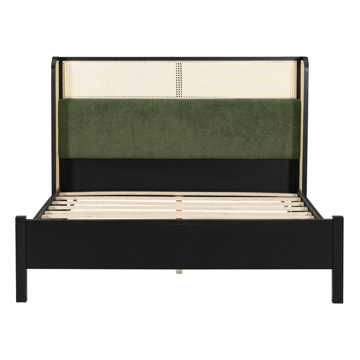 Solid Wood Queen Bed Frame with Green Headboard