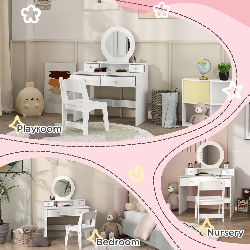 Kids' Vanity Set with Mirror, Stool and Drawers, White