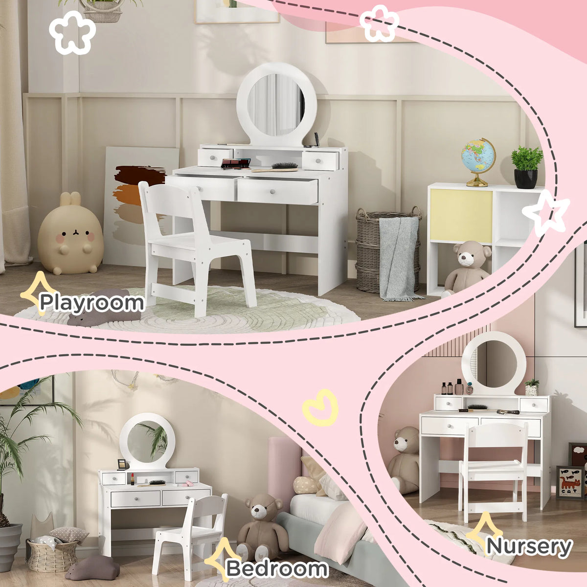 Kids' Vanity Set with Mirror, Stool and Drawers, White