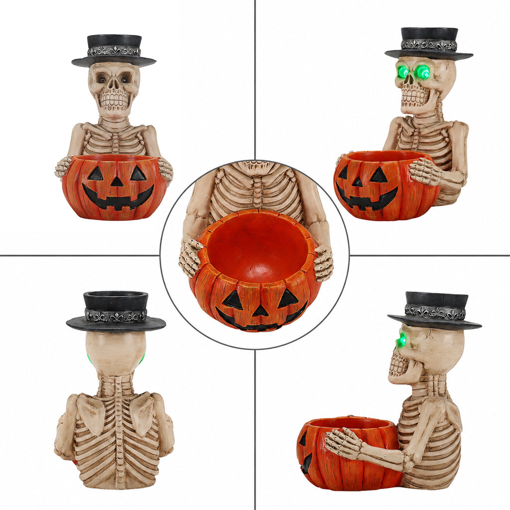 Halloween Skeleton Figurine with Pumpkin Candy Bowl and Candle Holder