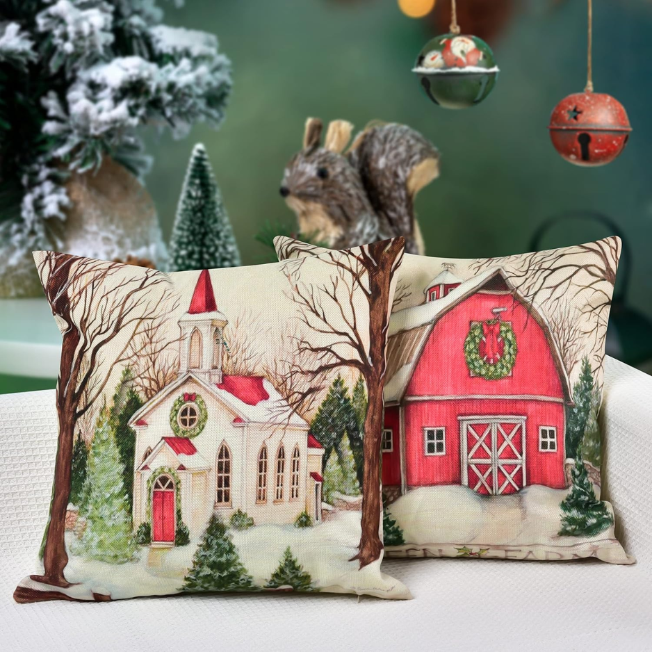 Christmas Linen Pillow Covers, 18 x 18-Inch, Set of 4