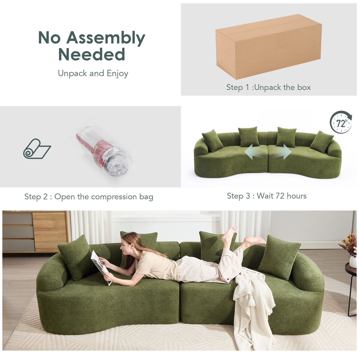 110-Inch Curved Chenille Compression Sectional, Green