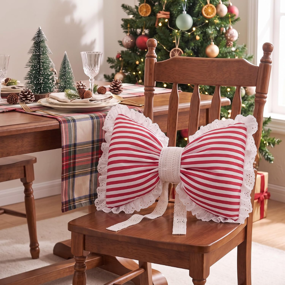 Red and White Striped Christmas Bow Pillow with Lace Trim