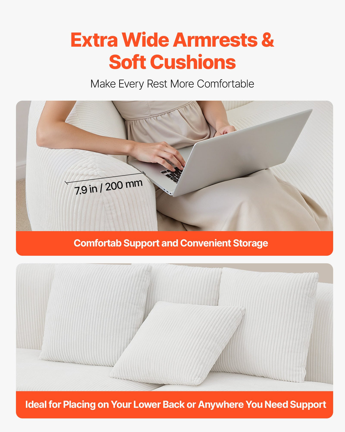 112-Inch Curved Cloud Sectional Sofa, White Corduroy