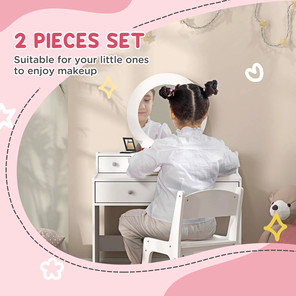 Kids' Vanity Set with Mirror, Stool and Drawers, White