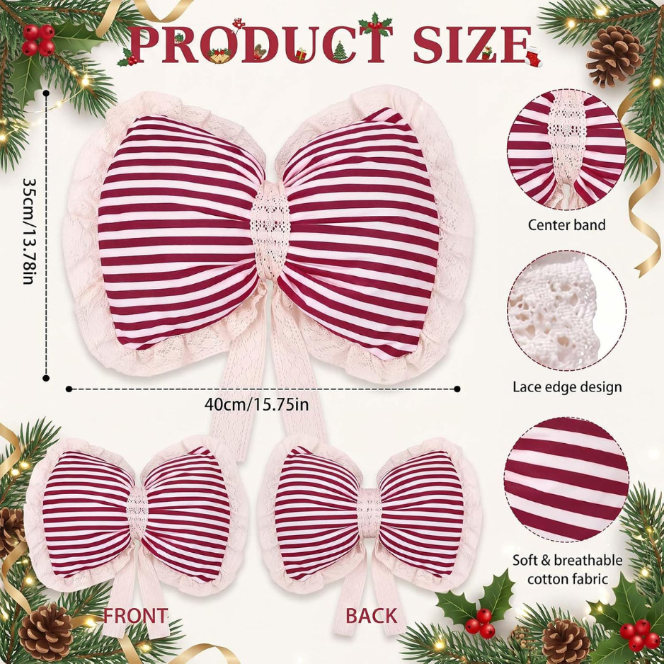 Red and White Striped Christmas Bow Pillow with Lace Trim