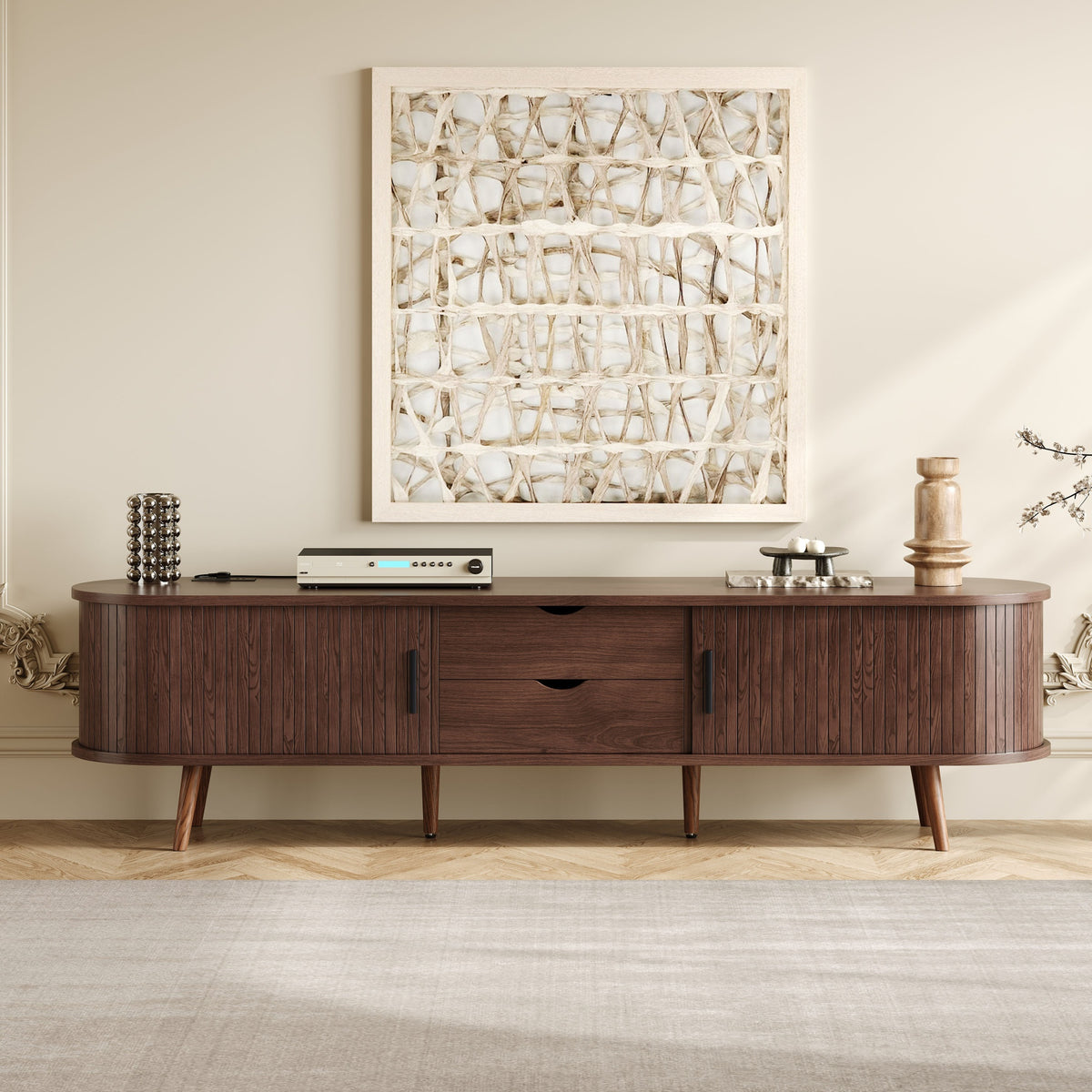 Mid-Century TV Stand with Tambour Doors, 70 in