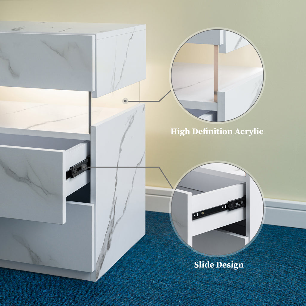 LED Nightstand with 3 Drawers and Acrylic Panel, Stone White