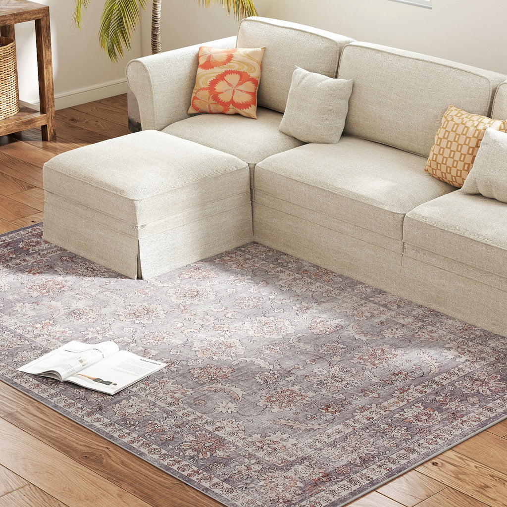 Washable Floral Area Rug, 5 x 7 ft, Grey and Brown
