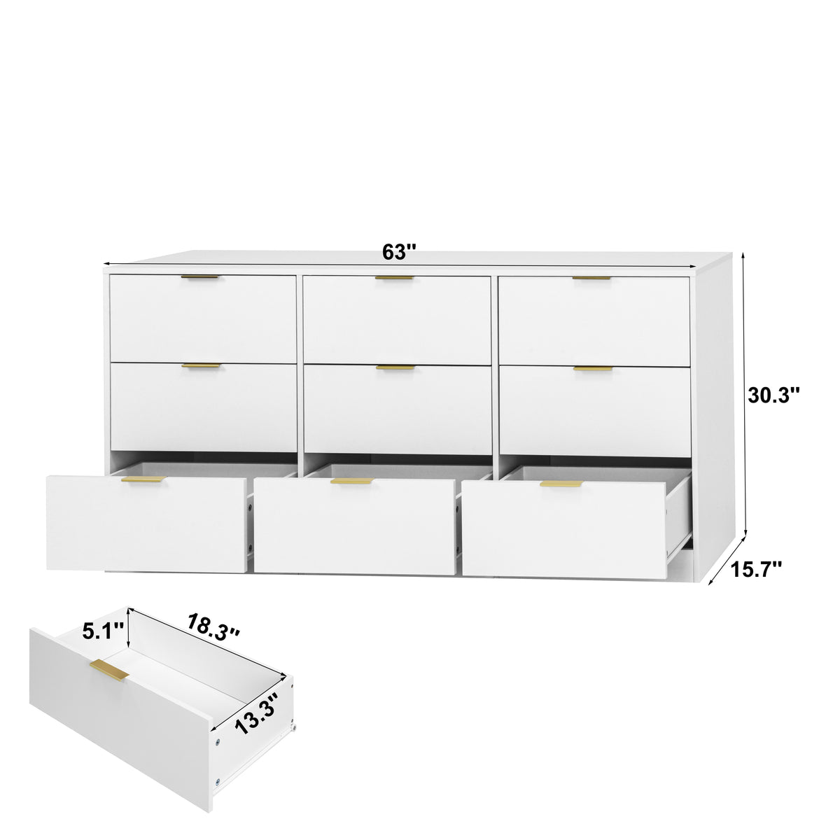 63-Inch White 9-Drawer Wooden Dresser