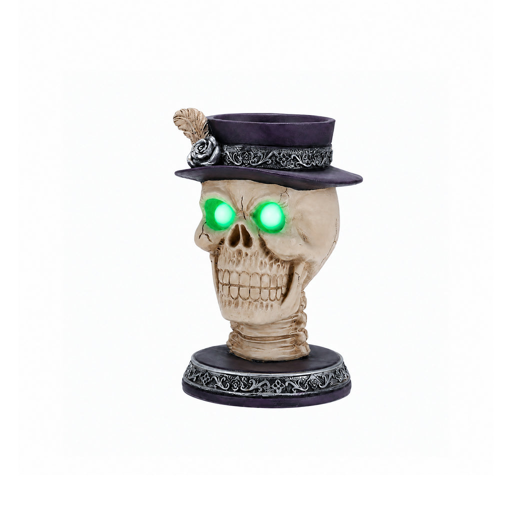 Skull Candle Holder with Glowing Eyes and Feather Top Hat