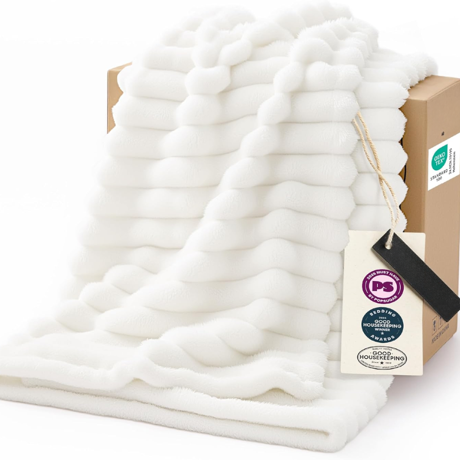 Cozy Fleece Throw Blanket, Off White, 50 x 60-Inch
